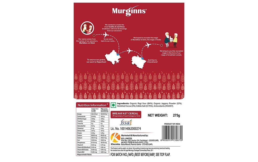 Murginns Organic Ragi Flakes, Finger Millet   Box  275 grams